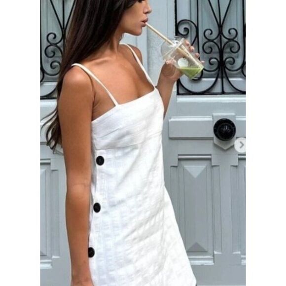 Zara Women Mini Dress M ecru Ivory Side Buttons Square Neck 8472/106 NWT - Picture 1 of 14